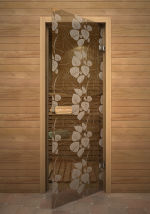 Стеклянная дверь для сауны Акма Белые листья 1900х700 бронзовая